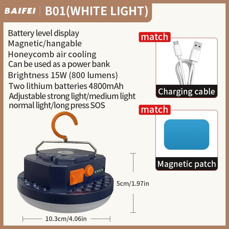 Rechargeable Camp Light, model B01 SKU specification sheet