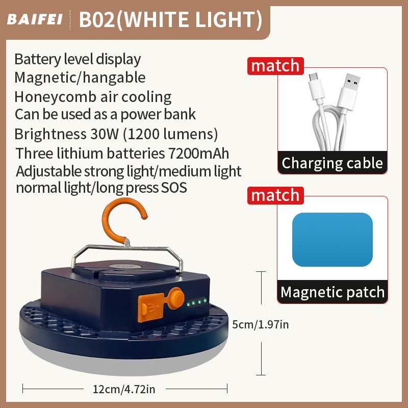 High-output Camp Light, model B02 SKU specification sheet