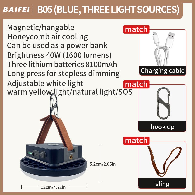 Three-colour Camp Light, model B05 SKU specification sheet