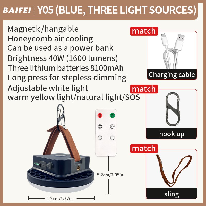 Remote-control Camp Light, model Y05 SKU specification sheet