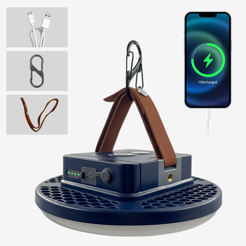 B06 camping lantern showing its charging connection, port cover and hanging accessories